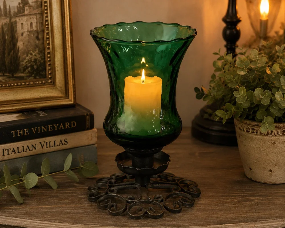 Vintage Emerald Green Glass Hurricane Candle Holder Black Scroll Iron Base Decor